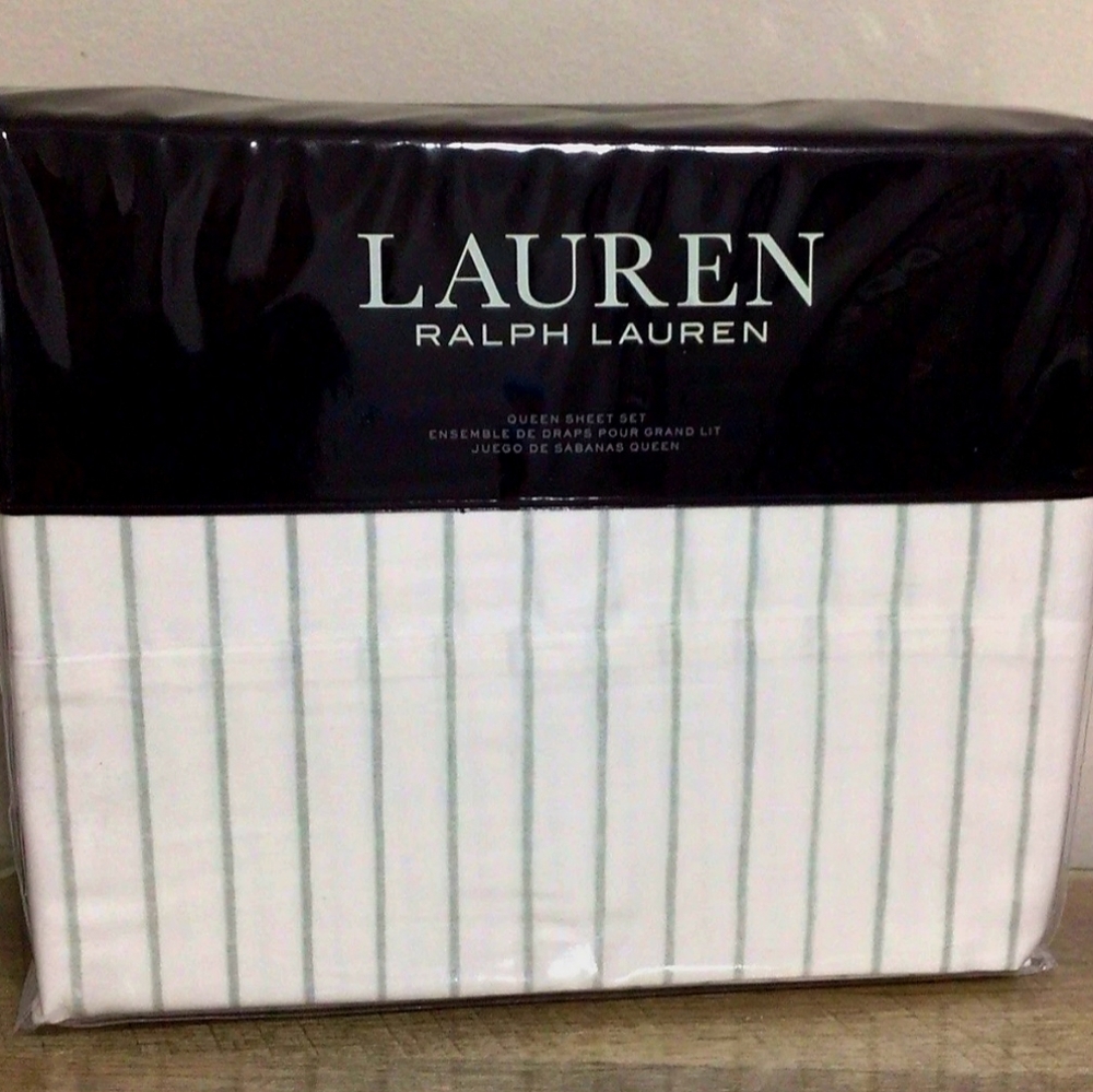 BRAND NEW RALPH LAUREN QUEEN SHEET SET SPENCER STRIPE SATEEN COLOR SAGE